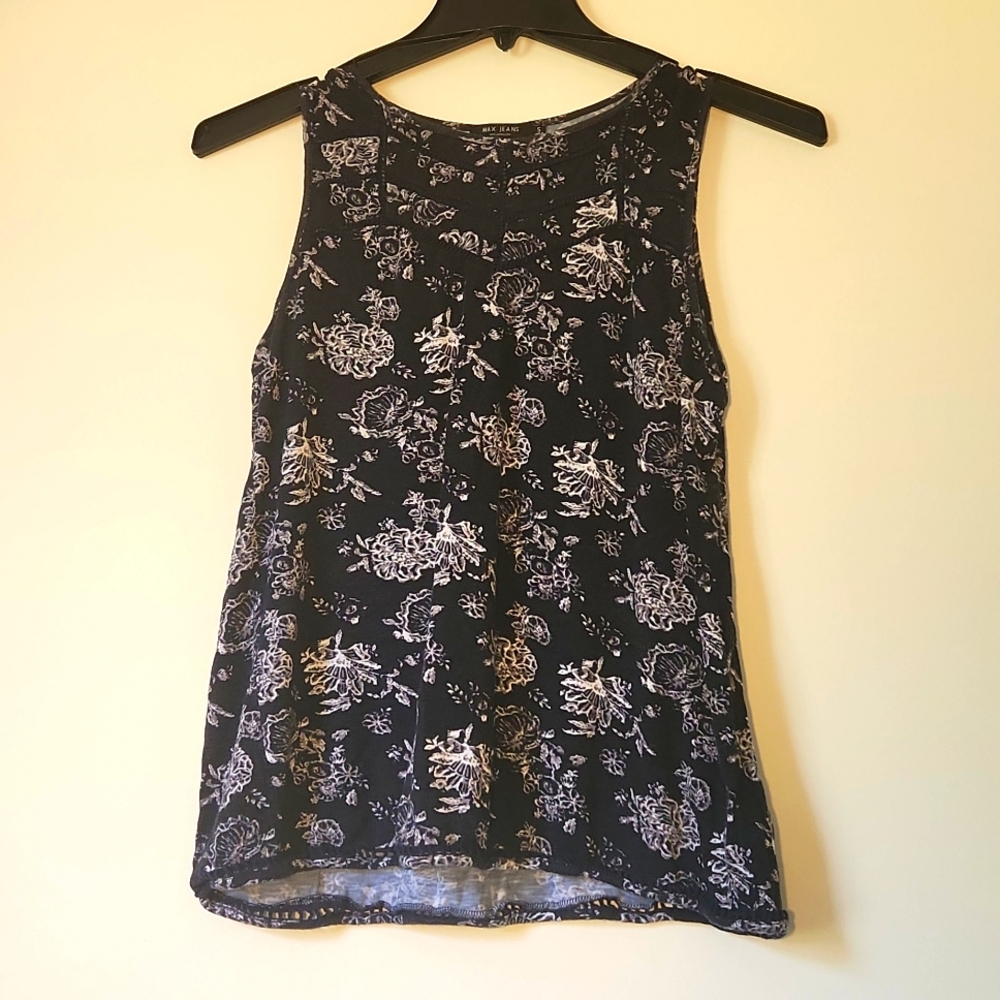 Max Jeans Tank Top Navy Blue Grey Gray White Floral Eyelet Small